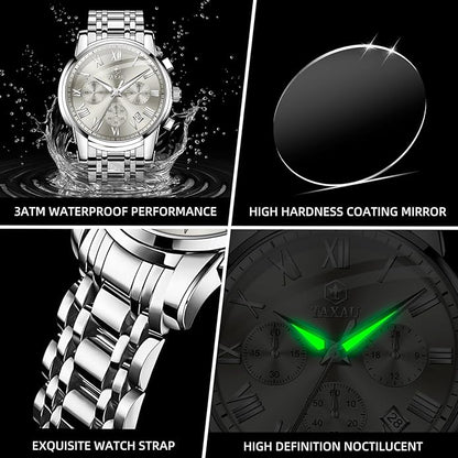 Mens Silver Watch Luxury Minimalist Dress Watch Classic Waterproof Watches for Men Analog Quartz Stainless Steel Men's Wrist Watches with Date Luminous Relojes para Hombres