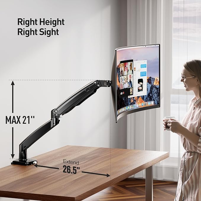 ErGear 13 to 49 inches Single Monitor Mount for Ultrawide Screens, Holds 26.5lbs, Gas Springs Single Monitor Arm, Single Monitor Stand with Swivel, Tilt, Rotation for Home and Office, VESA 75/100mm