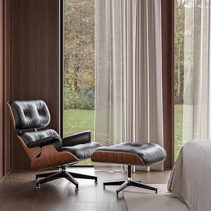 Mid Century Chaise Lounge Chair with Ottoman, Top Black Grain Leather, Modern Office Chair Classic Design, Heavy Duty Base Support for Living Room Study Lounge Office