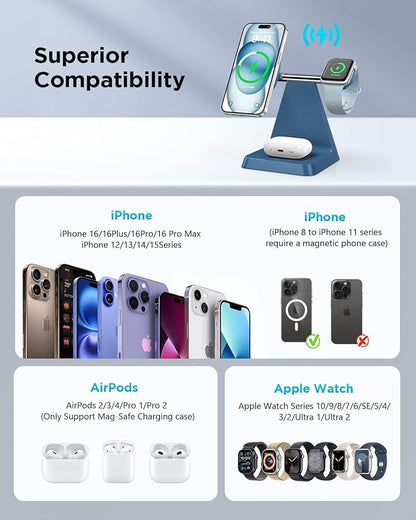 Magnetic Wireless Charger for iPhone - 3 in 1 Charging Station for Multiple Devices Charger Stand for Apple Watch iPhone 16 15 14 13 12 Pro Max