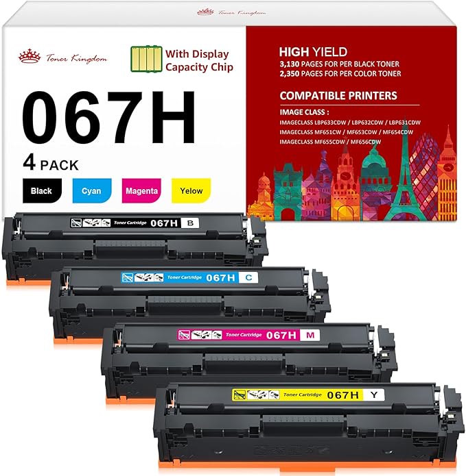 Toner Kingdom Compatible Canon 067H 067 Toner Cartridge Set 4 Pack Replacement for Canon 067H Toner Compatible for Color ImageClass MF656Cdw LBP632Cdw MF653Cdw MF654Cdw LBP633Cdw MF650C LBP630C Toner