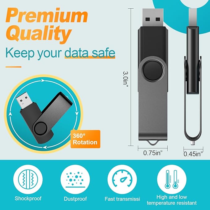 Kepmem Flash Drive 32GB USB 2.0 Thumb Drive 10 Pack 32 GB Memory Stick Portable Black Pendrive Metal Zip Drive Swivel Jump Drive with 10pcs Lanyards for School, Company, Office