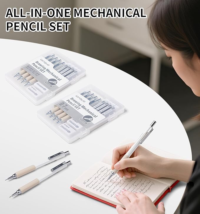 Mechanical Pencil Set with Case, 4PCS 0.3/0.5/0.7/0.9mm Art Mechanical Pencils + 4 Tubes Lead Refills (0.3/0.5/0.7/0.9mm) + 3PCS Erasers + 1PCS Case, Drawing Mechanical Pencils for Writing, Sketching