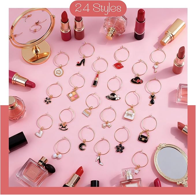 Junkin 24 Pcs Wine Glass Charms Markers Tags for Stem Glasses Drink Markers Wine Charm Ring Identifier for Wedding Bachelorette Tasting Holiday Party Favor Decoration (Elegant Style)