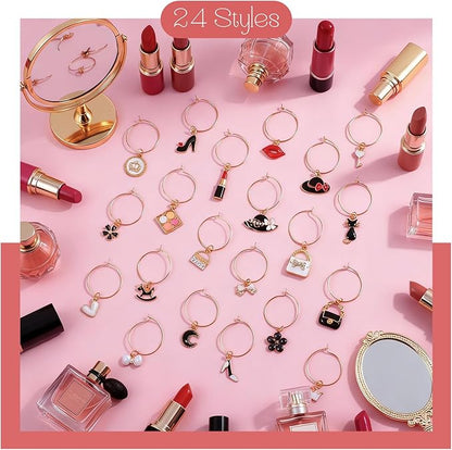 Junkin 24 Pcs Wine Glass Charms Markers Tags for Stem Glasses Drink Markers Wine Charm Ring Identifier for Wedding Bachelorette Tasting Holiday Party Favor Decoration (Elegant Style)