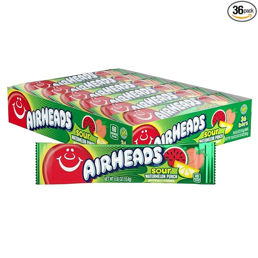Airheads SOUR Candy Bars, Sour Watermelon Punch Flavored, Bulk, Concessions, Parties, Pack of 36 Bars