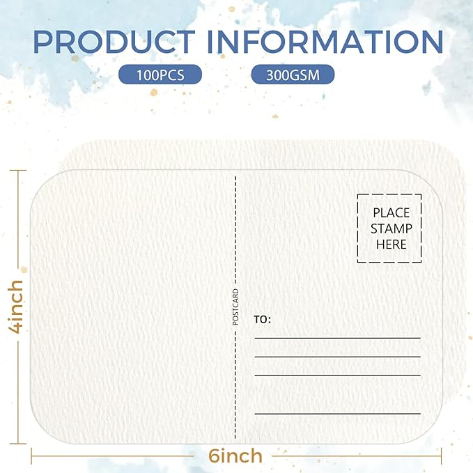 100 Sheets Watercolor Postcards 4 x 6 Inch 140lb/300gsm,100% Cotton,Acid-Free Heavyweight Art Paper with Hot Stamping Font Technology for Painting, DIY, Mailing, Invitations, Greeting Cards