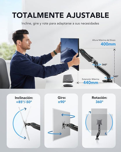 HUANUO Single Monitor Mount, 13 to 32 Inch Pneumatic Spring Monitor Arm, Adjustable Monitor Stand, Vesa Mount with Clamp and Grommet Base - Fits 4.4 to 19.8lbs LCD Computer Monitors