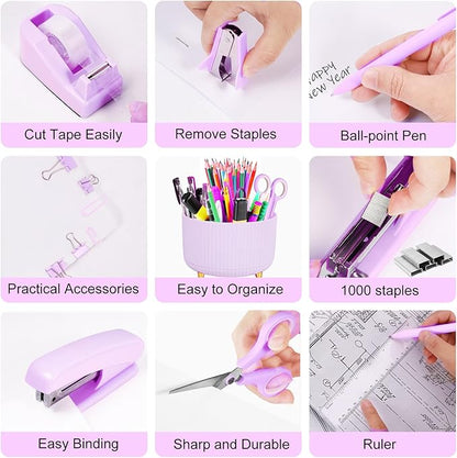 Desk Organizers and Accessories Set with 360-Degree Rotating Pen Holder, Tape Dispenser, Stapler, Staple Remover, 1000 Staples, Tape, Clips Set, Ruler, Scissor, Pen (Purple, 10 Pcs Set)