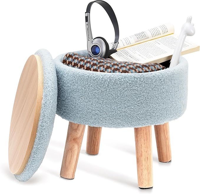 Poofzy Small Ottoman with Storage, Small Foot Stool Ottoman with Wood Legs, Sherpa Foot Rest for Couch, Living Room and Bedroom - Light Blue