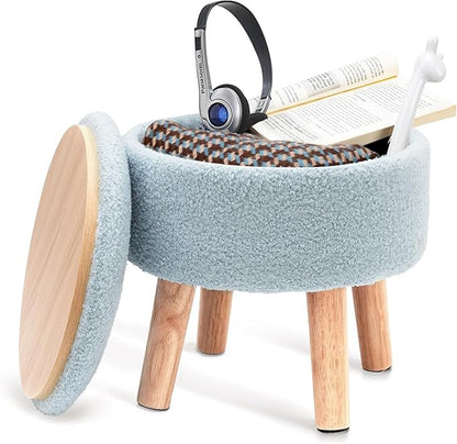 Poofzy Small Ottoman with Storage, Small Foot Stool Ottoman with Wood Legs, Sherpa Foot Rest for Couch, Living Room and Bedroom - Light Blue