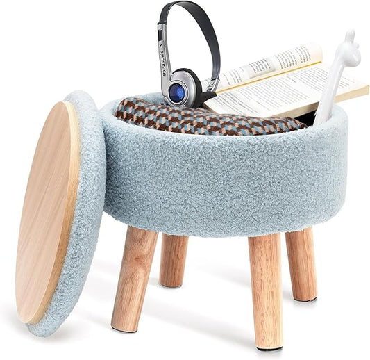 Poofzy Small Ottoman with Storage, Small Foot Stool Ottoman with Wood Legs, Sherpa Foot Rest for Couch, Living Room and Bedroom - Light Blue