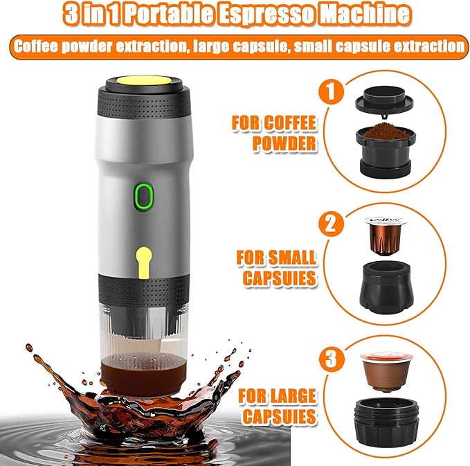 Portable Espresso Machine, 3-in-1 Self-Heating Portable Coffee Maker for Travel with Rechargeable Battery, Cordless Electric Mini Espresso Maker for RV Hiking Camping Office (Silver)