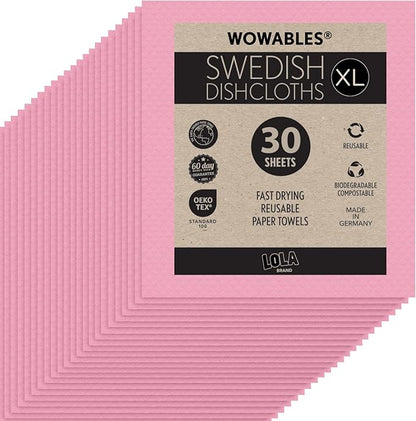 LOLA Wowables XL Swedish Dishcloths, 30 Reusable Eco Cleaning Cloths, 11" x 10", Ultra Absorbent Cellulose Sponge Towel, Compostable, Made in Germany