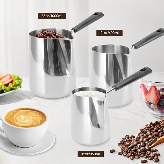 Classics Turkish Coffee Pot, 21oz/600ml Stainless Steel Milk Frothing Jug Long Handle Coffeware Pull Flower Toroid Pitcher Milk Warmer Hot Chocolate Maker