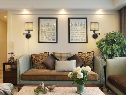 Plug in Wall Sconces with Remote Control, Dimming 10%-100% & Adjustable Colors 2700K-6500K, Hardwire or Plug-in, Swing Arm Wall Lamp with Gray Fabric Shade, Wall Sconces Set of Two, Black Finish