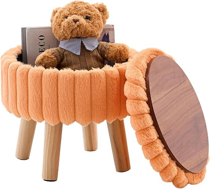 Wimarsbon Storage Ottoman,Soft Faux Fur Footstool with Padded Seat, Small Reading Vanity Chair, Footrest with Wood Tray for Couch, Mini Coffee Table or Display Stand (Orange, Round Storage)