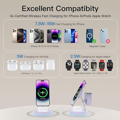 New 3 in 1 Charging Station for Apple Compatible with Magsafe Charger Stand for iPhone 17 16 15 14 13 12 Wireless Charging Station for AirPods Wireless Charger for iWatch Series