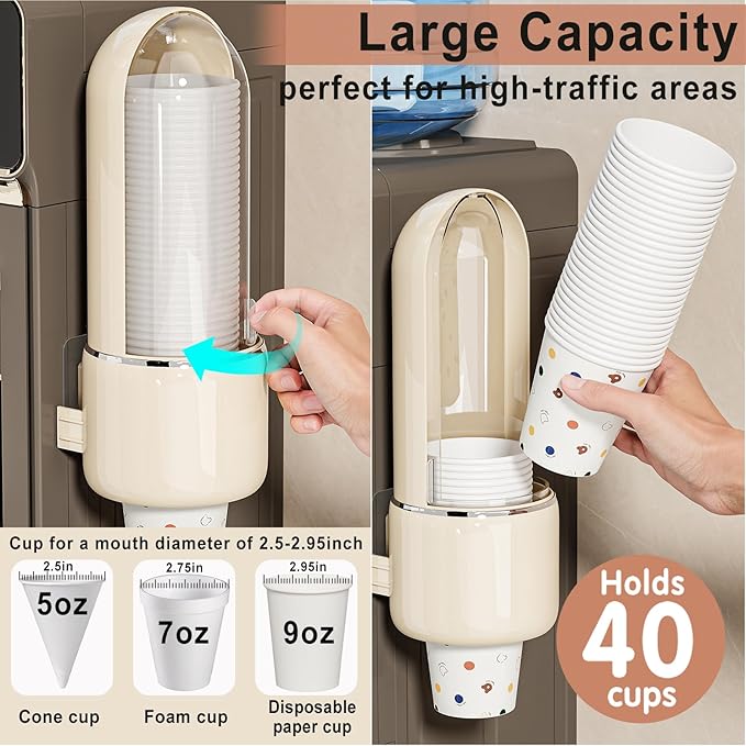 Wall Mount Bathroom Cup Dispenser - Pull Type Water Cooler Cup Holder for 5oz-9oz Disposable Paper and Plastic Cups, Adhesive Install, Wall Mounted Coffee Dispenser for Home, Office, Gym