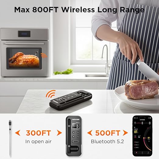 Bluetooth Meat Thermometer with Smart APP, 800FT Wireless Range & LCD Base, Rechargeable Probe, Digital Food Thermometer for BBQ, Grill, Valentines Day Gifts for Him Men Dad