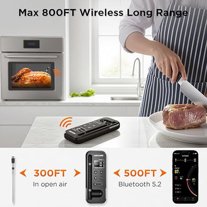 Bluetooth Meat Thermometer with Smart APP, 800FT Wireless Range & LCD Base, Rechargeable Probe, Digital Food Thermometer for BBQ, Grill, Valentines Day Gifts for Him Men Dad