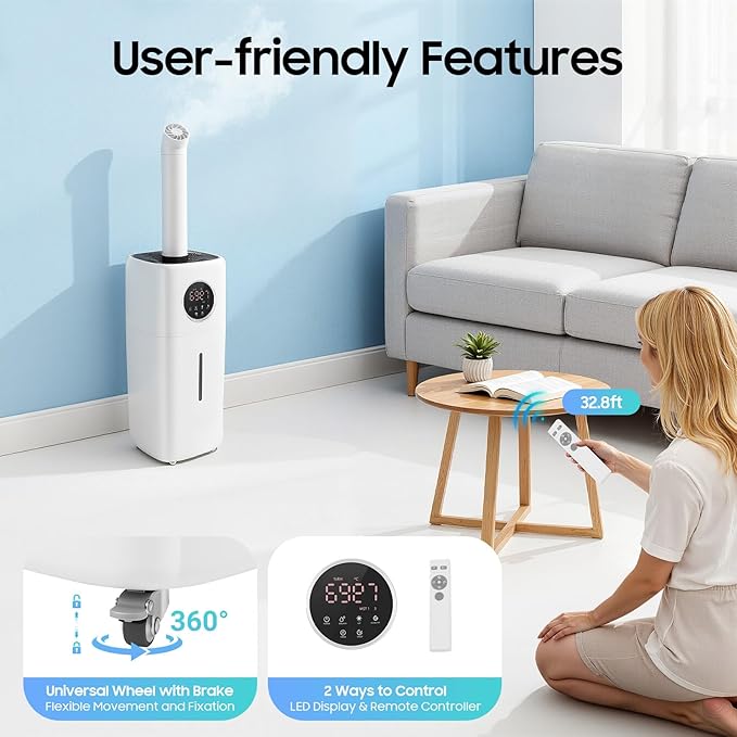 5.5Gal/21L Large Humidifiers, Quiet Whole House Humidifier for 3000 sq.ft, Cool Mist Top Fill Humidifier with 3 Mist Levels, Extension Tube, 2000ML/H Dual 360° Nozzles, Wheels & Remote Control