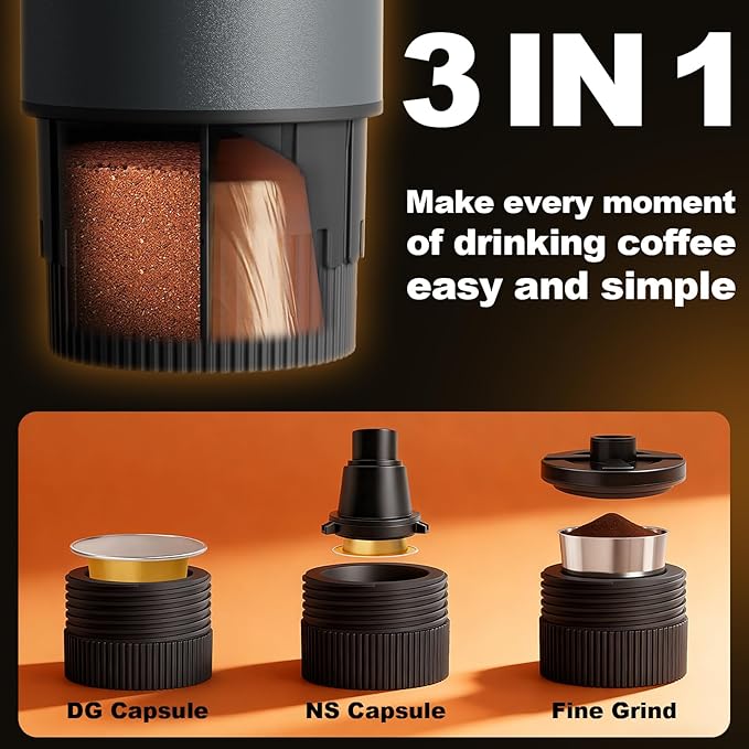 Portable Coffee Maker, 3 in 1 Electric Espresso Machine Set, Rechargeable Self-Heating Brewer with Carrying Bag and Coffee Stand for Office Camping, Hiking
