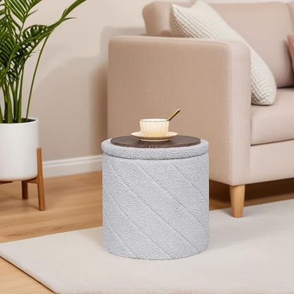 B FSOBEIIALEO Ottoman with Stroage, Boucle Round Storage Ottoman with Tray,Foot Rest Stool for Dorm Room, Living Room Grey, 12.99"x12.99"x13.78"