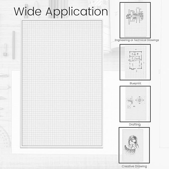 Performore 1 Pack Grid Paper Pads, 50 Sheets per Pad 11" x 17" Graph Paper Glue Top Binding Double Sided 4x4 Quadrille White Paper for Engineering Or Technical Drawings, Blueprint, Drafting