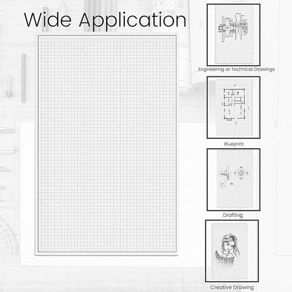 Performore 1 Pack Grid Paper Pads, 50 Sheets per Pad 11" x 17" Graph Paper Glue Top Binding Double Sided 4x4 Quadrille White Paper for Engineering Or Technical Drawings, Blueprint, Drafting