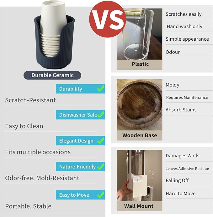 Ceramic Bathroom Cup Dispenser with Stylish Vertical Stripes - Disposable Mouthwash Cup Holder Holds 3-4oz Paper Cups for Rinsing Cups on Bathroom Vanity Countertops (Matte Blue)