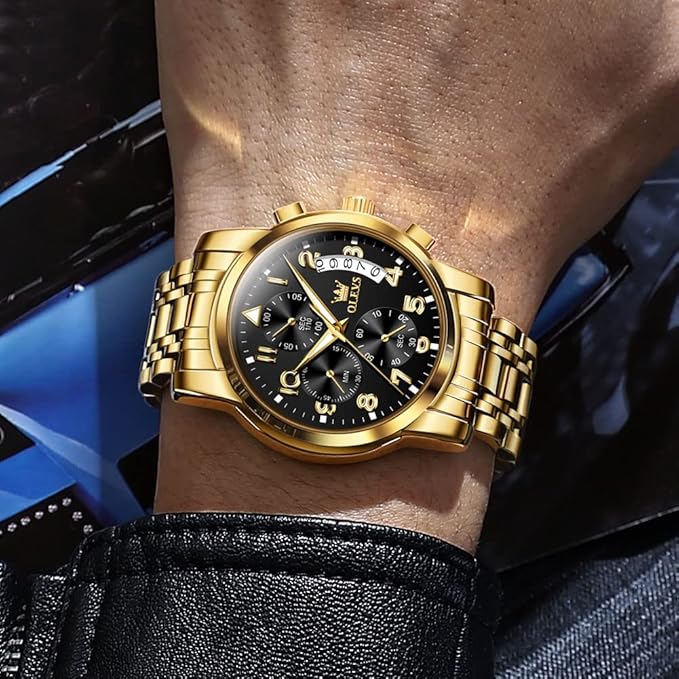 OLEVS Men's Stainless Steel Chronograph Watch, Big Face Gold Silver Black Tone Easy to Read Analog Quartz Watch, Luxury Waterproof Date Diamond Roman Arabic Numerals Dial Dress Watch for Men