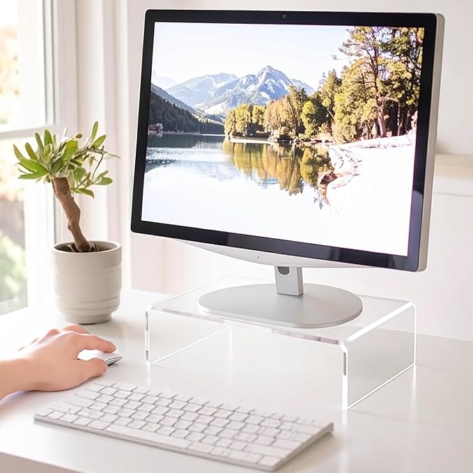 Amazing Abby Acrylic Monitor Stand Riser for Desk (1-Pack), Clear Plastic Computer Monitor Riser with Keyboard Storage, Heavy-Duty 3-3/8" Riser for PC Laptop Screen, Great for Home and Office Use