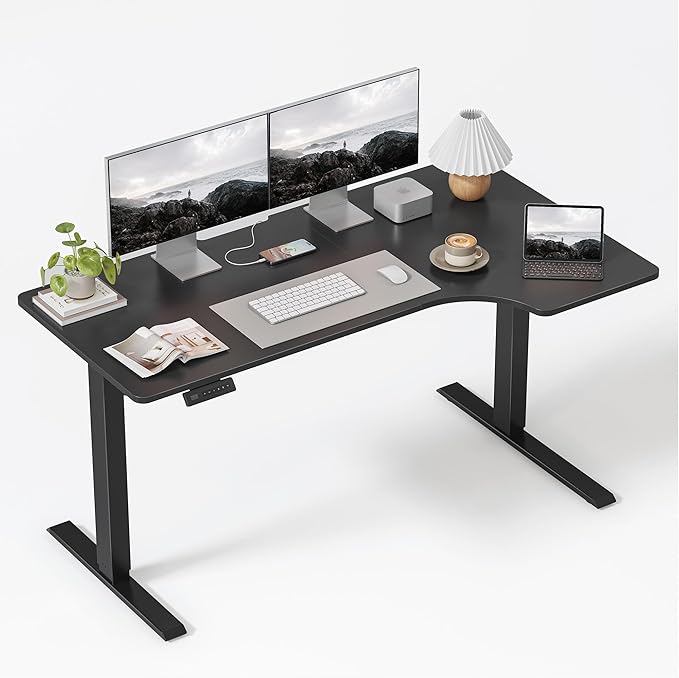 FEZIBO 55×32 inch L Shaped Electric Corner Standing Desk, 4 Memory Height Settings,Home Office & Computer Height Adjustable Table, Ergonomic Sit and Stand Up Workstation with Splice Board,Black Top