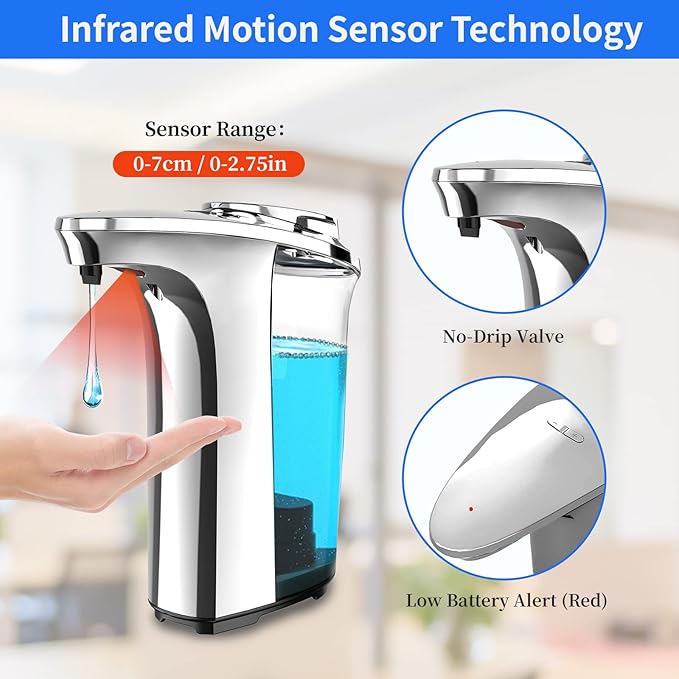 FKWin Automatic Liquid Soap Dispenser Set, 17Oz Touchless Battery Operated Sensor Hand Soap Dispenser with 5 Adjustable Dispensing, Commercial or Household Use, Fit for Bathroom Kitchen, Silver