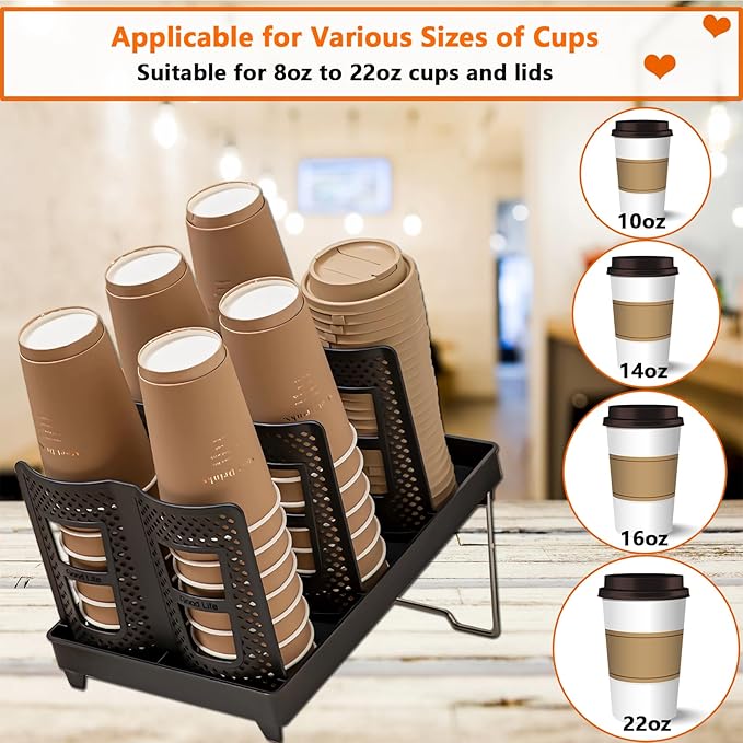 Cup and Lid Holder, CIT ZCFYU Adjustable Coffee Cup Organizer 6 Compartment, Disposable Paper Cup Dispenser fits 8-22oz, Plastic Cup Storage Rack for Coffee Station Bar Countertop Breakroom, Station