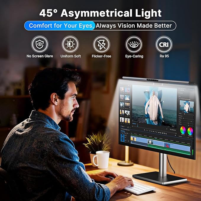 Syrinx Computer Monitor Light Bar, Eye Caring No Glare Monitor Lamp, LED Screen Light Bar with RGB Backlight, Touch+Gesture Control, Fit for All Screens, Dimmable PC Monitor Lamp for Gaming & Office