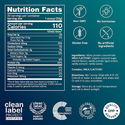 Puori Whey Protein Powder, Bourbon Vanilla - PW1 Pasture-Raised, Grass-Fed Whey Protein Powder Drink Mix containing BCAA Amino Acids - Post-Workout Supplement for Muscle Gain & Recovery - 30 Servings
