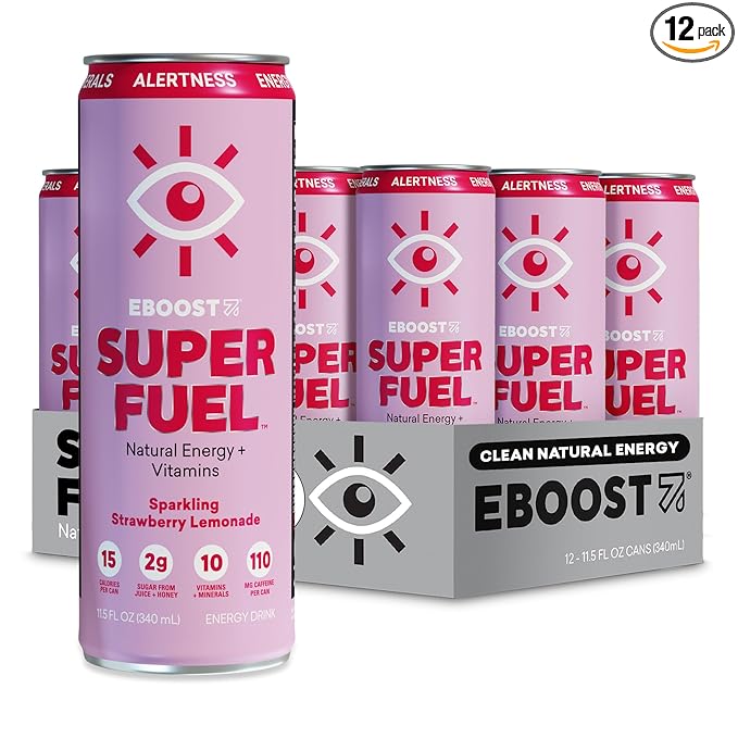 EBOOST Super Fuel Healthy Energy Drink - Caffeine from Natural & Clean Ingredients For Focus and Productivity -Taurine Free Pre-Workout With Electrolytes, Nootropic - Strawberry Lemonade, 12 Pack