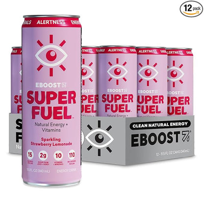 EBOOST Super Fuel Healthy Energy Drink - Caffeine from Natural & Clean Ingredients For Focus and Productivity -Taurine Free Pre-Workout With Electrolytes, Nootropic - Strawberry Lemonade, 12 Pack