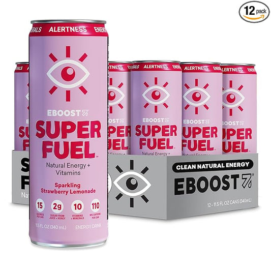 EBOOST Super Fuel Healthy Energy Drink - Caffeine from Natural & Clean Ingredients For Focus and Productivity -Taurine Free Pre-Workout With Electrolytes, Nootropic - Strawberry Lemonade, 12 Pack