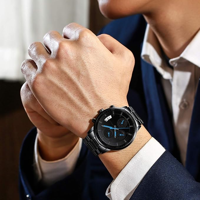 CRRJU Men's Fashion Stainless Steel Watches Date Waterproof Chronograph Wristwatches,Black Steel Band Waterproof Quartz Watch for Men