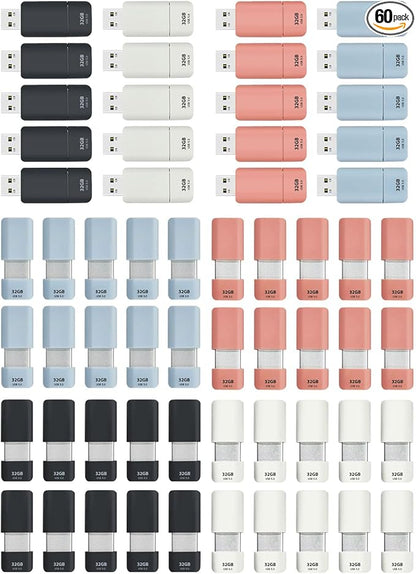 GIGASTONE 32GB Flash Drive (60 Pack) Z60NB USB 3.2 Gen 1, Ultra Fast, Retractable Capless Slider Design, Data Storage, Backup for PC/Mac/TV/Car Audio, USB 2.0/3.0/3.1 Compatible (Random Color)