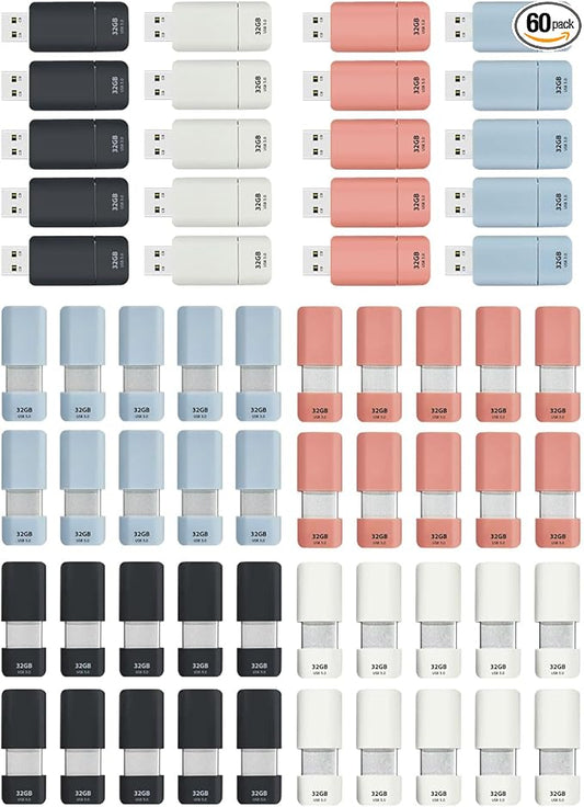 GIGASTONE 32GB Flash Drive (60 Pack) Z60NB USB 3.2 Gen 1, Ultra Fast, Retractable Capless Slider Design, Data Storage, Backup for PC/Mac/TV/Car Audio, USB 2.0/3.0/3.1 Compatible (Random Color)