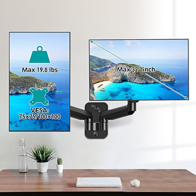 Dual Monitor Wall Mount for 13 to 32 Inch Computer Screens, Monitor Mounts for 2 Monitors Holds Up to 19.8lbs Each,Full Motion Gas Spring Monitor Arm with VESA 75x75/100x100