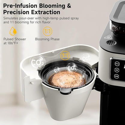 Drip Coffee Maker with Built-in Grinder, 10-Cup Coffee Machine with 24-Hour Delay Timer, Touch Screen, Self-Cleaning, Reusable Filter, 1.5L Removable Water Tank, Warming Plate, White