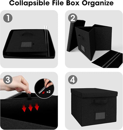 File Organizer Box with Lid, Linen Hanging File Storage Box with Handle, Collapsible Document Filling Box for Letter/Legal Folder, Portable File Box for Office/Decor/Home (1 Pack, Black)