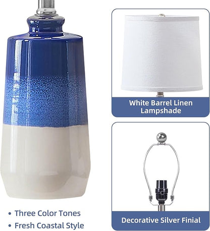 20.5" Ceramic Blue Lamps for Nightstand Set of 2, Blue Table Lamps for Living Room Set of 2, Coastal Table Lamps for Bedroom with White Barrel Lampshade, Blue White Ceramic Lamps for Small Space