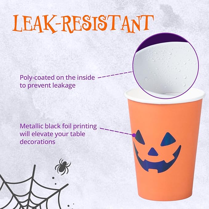 Halloween Disposable Paper Party Cups, Bulk 50 Pack, Leak-Resistant, 12 oz Hot and Cold Cups for Restaurants and Parties, Jack-O-Lantern, Black & Orange