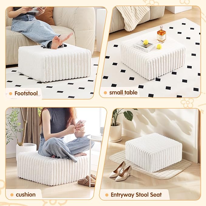 Tiita Suqre Stuffed Pouf Ottoman, Stripe Poufs 21×21×10 inch with Foam Chunk Filling, Floor Bean Bag Floor Chair Storage for Living Room Bedroom Home Decor, Beige